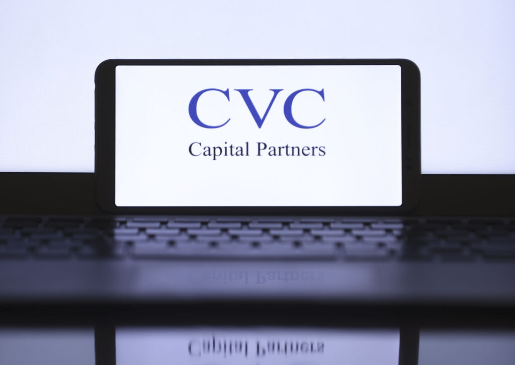 Logo of CVC Capital Partners are seen in Ankara, Turkey on February 14, 2021. Photo: Getty Images