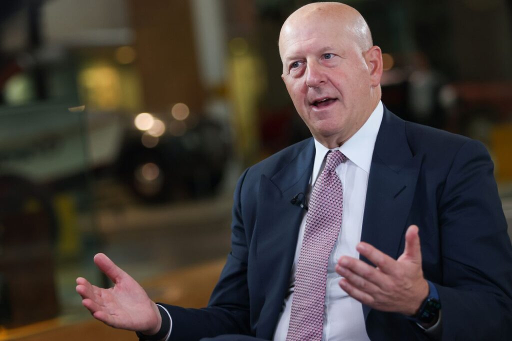 David Solomon, chief executive officer of Goldman Sachs Inc., during a Bloomberg Television interview on the sidelines of the Global Investment Summit (GIS) 2021 at the Science Museum in London, U.K., on Tuesday, Oct. 19, 2021. U.K. Prime Minister Boris Johnson is hosting the summit, where as many as 200 CEOs and investors are expected to gather. Photographer: Hollie Adams/Bloomberg via Getty Images