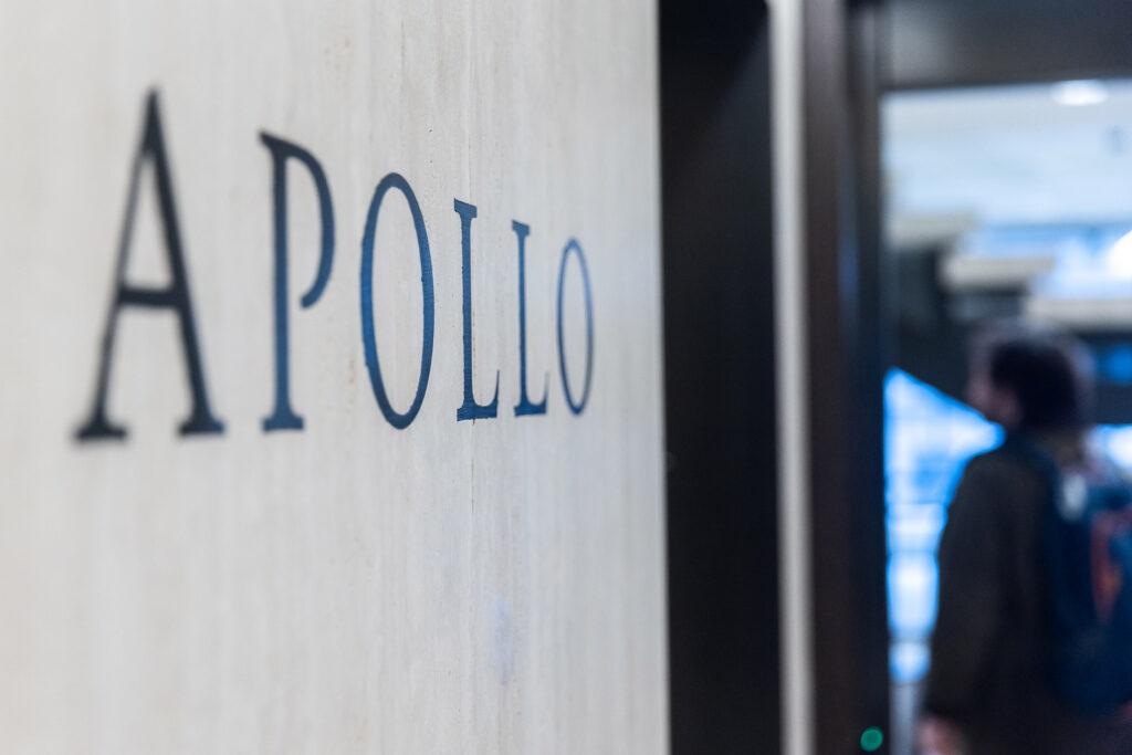 Apollo Global Management LLC signage during an interview on an episode of Bloomberg Wealth with David Rubenstein in New York, U.S. Photo: Getty Images
