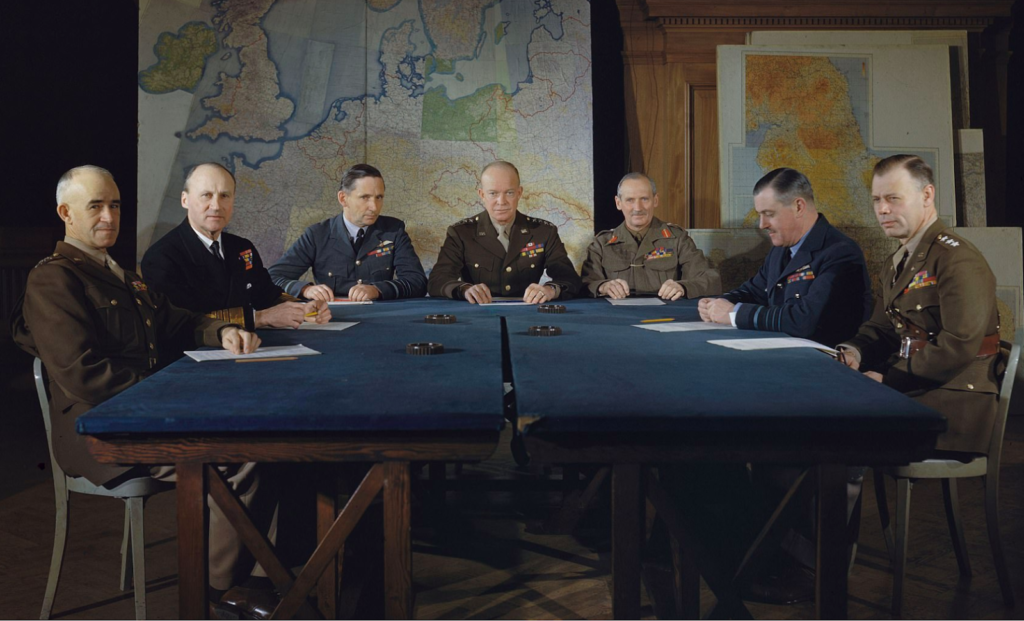 February 1944: General Dwight D Eisenhower and his senior commanders at Supreme Allied Headquarters (SHAEF) in London. PHOTO: FI/Alamy