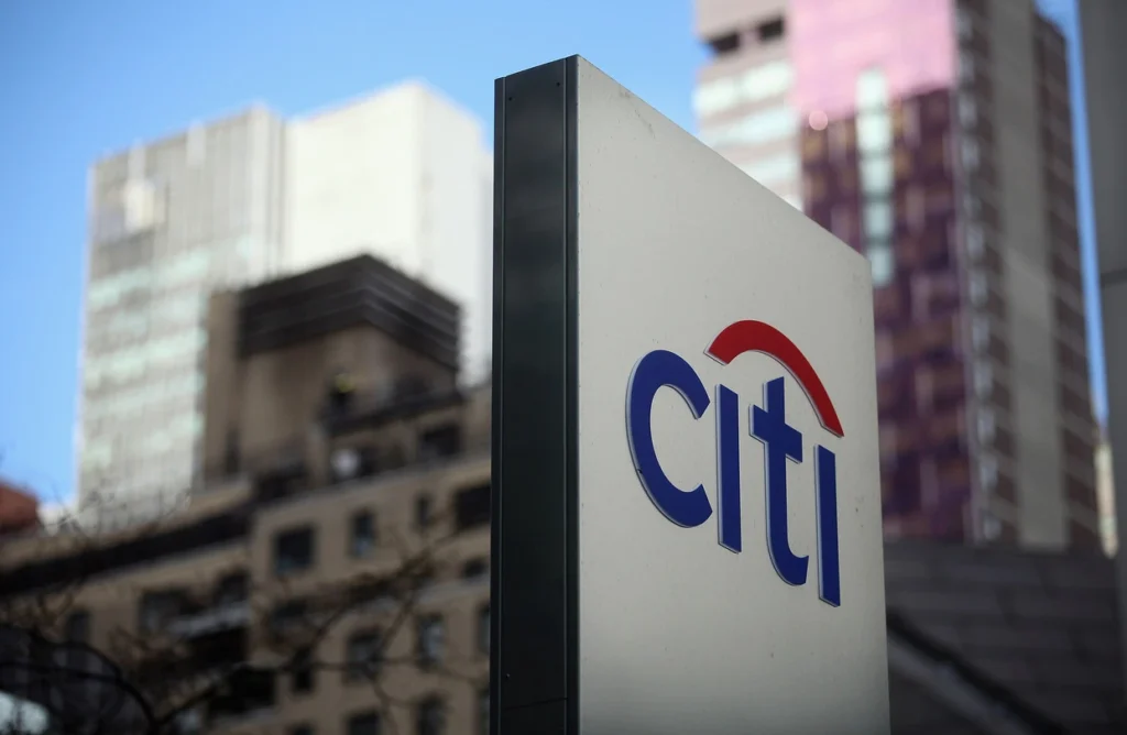 A Citi sign is displayed outside Citigroup Centre near Citibank headquarters in Manhattan in New York City. PHOTO: Mario Tama/Getty Images