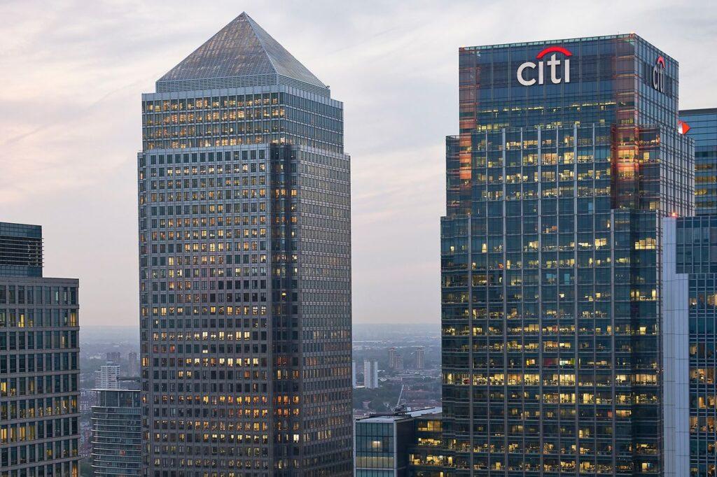 High angle viewpoint of Citi HQ in London (Canary Wharf). Photo: Shutterstock